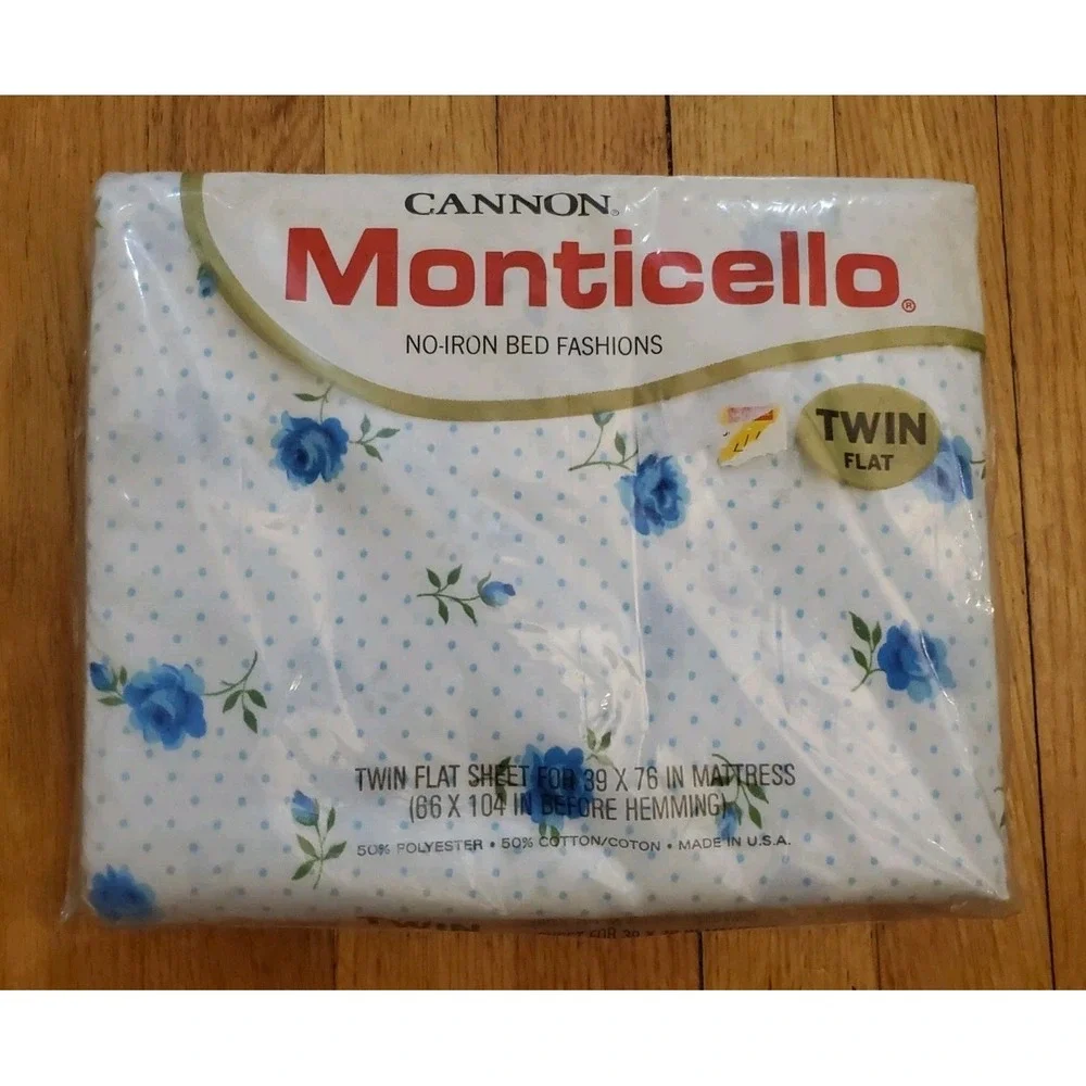 New Vintage Cannon Monticello Blue Roses Dotted Twin Flat Percale Sheet